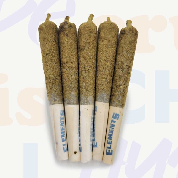 3.5 grams of high potency flower mixed with distillate, rolled into 5 pre-rolls and dusted with keif